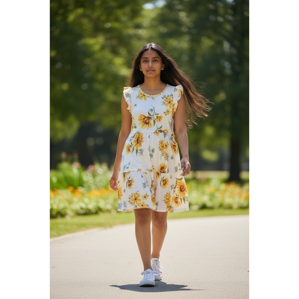 Old Navy Sunflower Print Tiered Dress With Pockets Girls XL 14-16 NWT